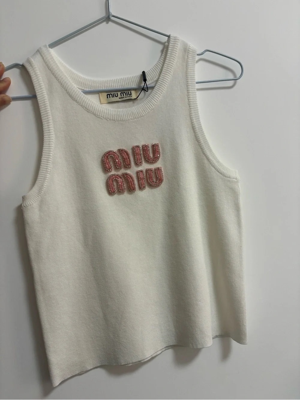 Miu Miu Cream Knit Tank with Pink Embellished Logo